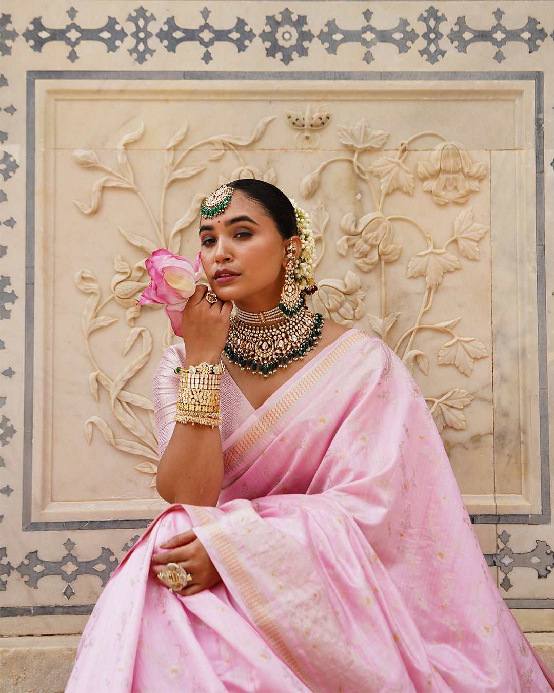Bloom Pink Pure Banarasi Saree with Ethereal Weaving Motifs Elegance