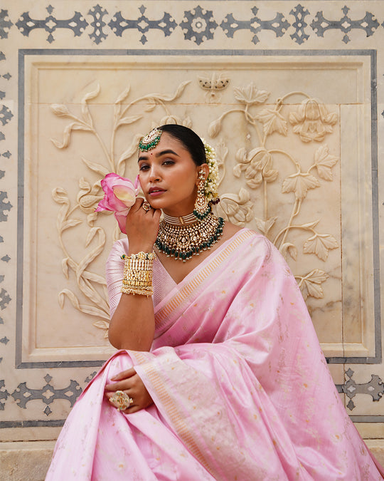Bloom Pink Pure Banarasi Saree with Ethereal Weaving Motifs Elegance