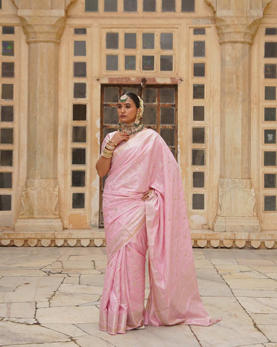 Bloom Pink Pure Banarasi Saree with Ethereal Weaving Motifs Elegance