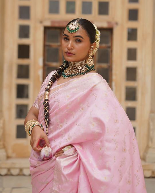 Bloom Pink Pure Banarasi Saree with Ethereal Weaving Motifs Elegance
