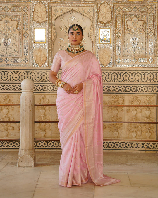 Bloom Pink Pure Banarasi Saree with Ethereal Weaving Motifs Elegance