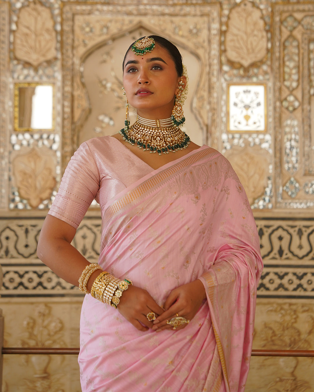 Bloom Pink Pure Banarasi Saree with Ethereal Weaving Motifs Elegance