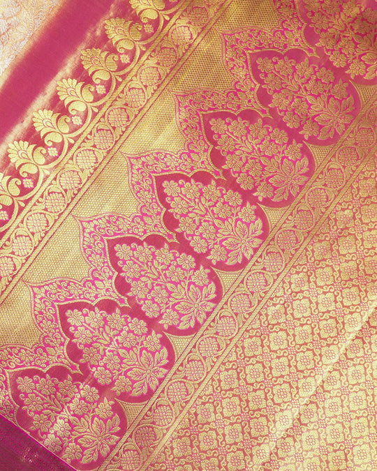 Rose Pink Pure Kanjivaram Saree with Regal Floral Artistry Weaving - katansi