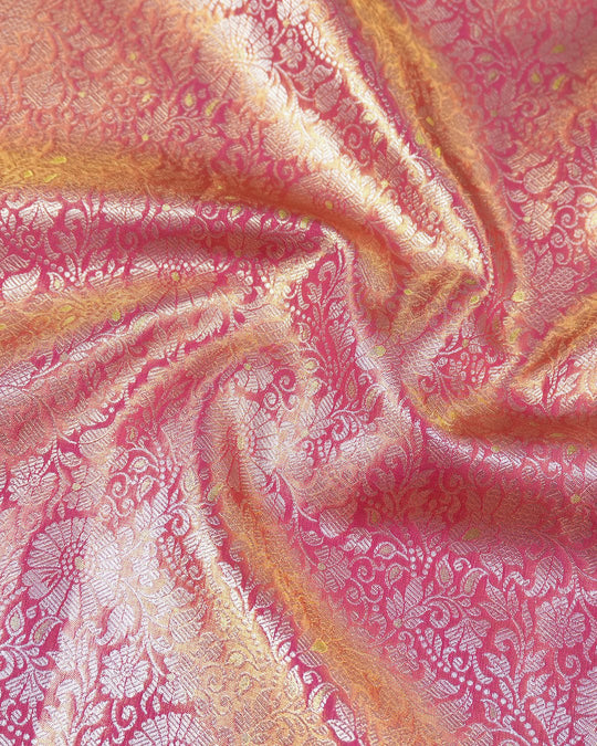 Rose Pink Pure Kanjivaram Saree with Regal Floral Artistry Weaving - katansi