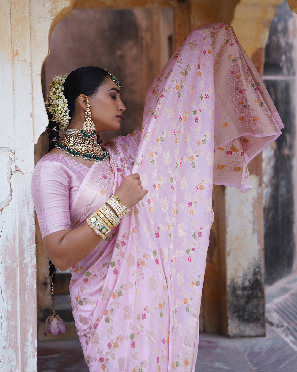 Soft Pink Symphony Pure Banarasi Saree with Pastel Meenakari Detailing