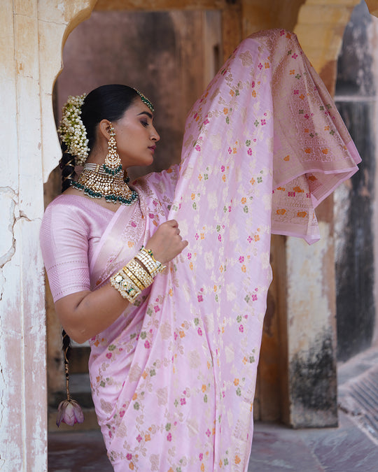 Soft Pink Symphony Pure Banarasi Saree with Pastel Meenakari Detailing