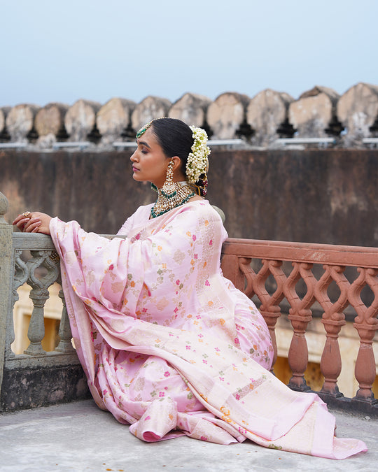 Soft Pink Symphony Pure Banarasi Saree with Pastel Meenakari Detailing