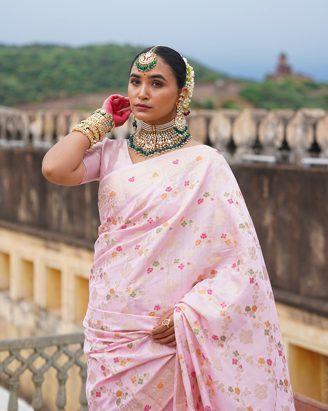 Soft Pink Symphony Pure Banarasi Saree with Pastel Meenakari Detailing