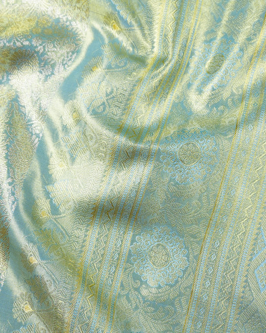 Cyan Blue Pure Kanjivaram Saree with Floral Jaal Weaves - katansi