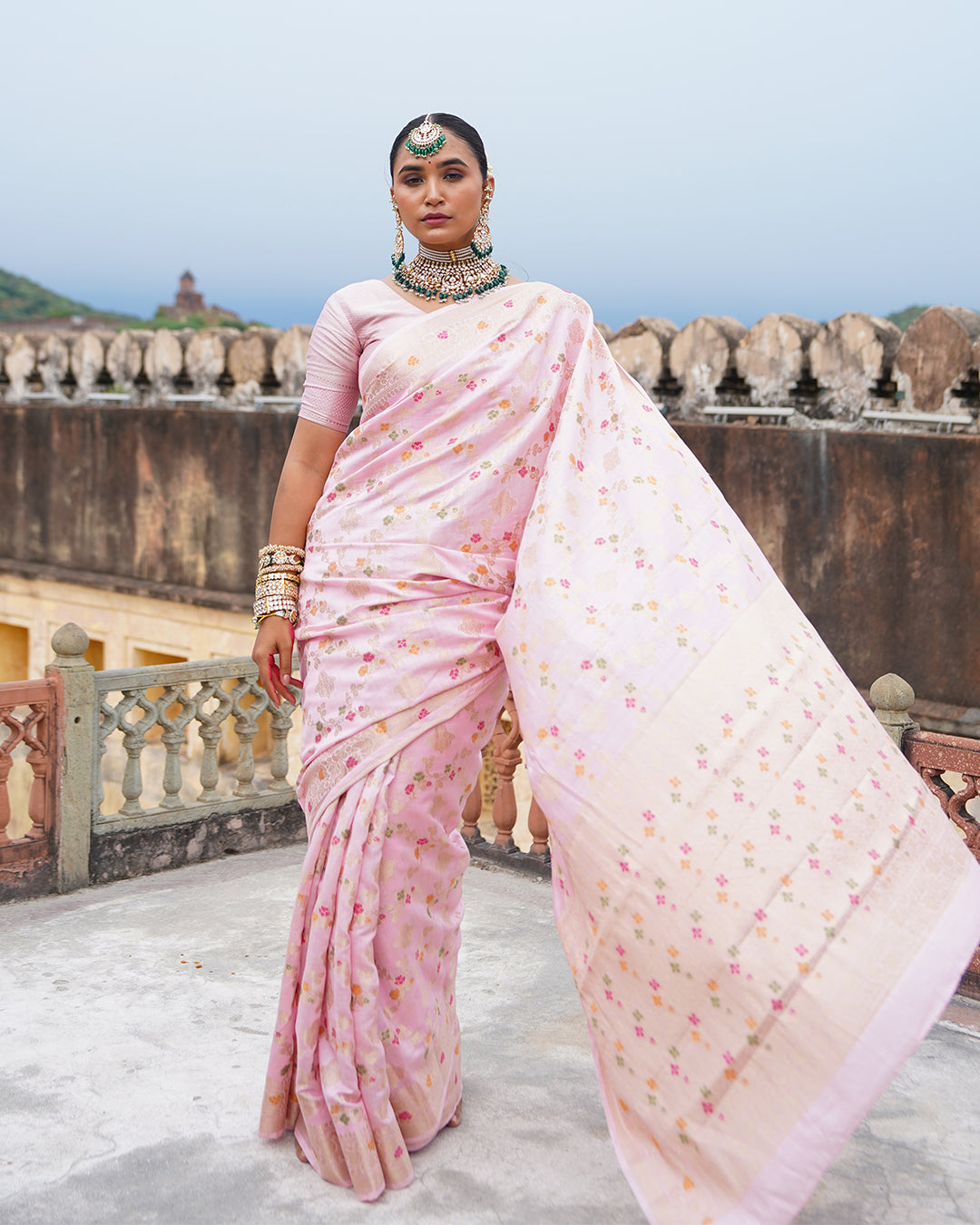 Soft Pink Symphony Pure Banarasi Saree with Pastel Meenakari Detailing