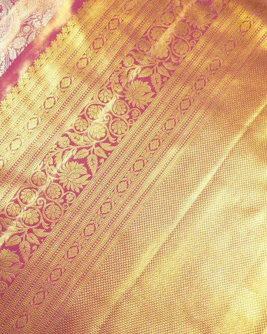 Onion Pink Pure Kanjivaram Saree with Shimmering Paisley Jaal Weaves - katansi