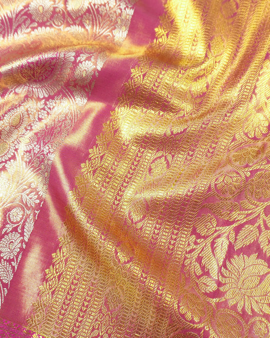 Onion Pink Pure Kanjivaram Saree with Shimmering Paisley Jaal Weaves - katansi