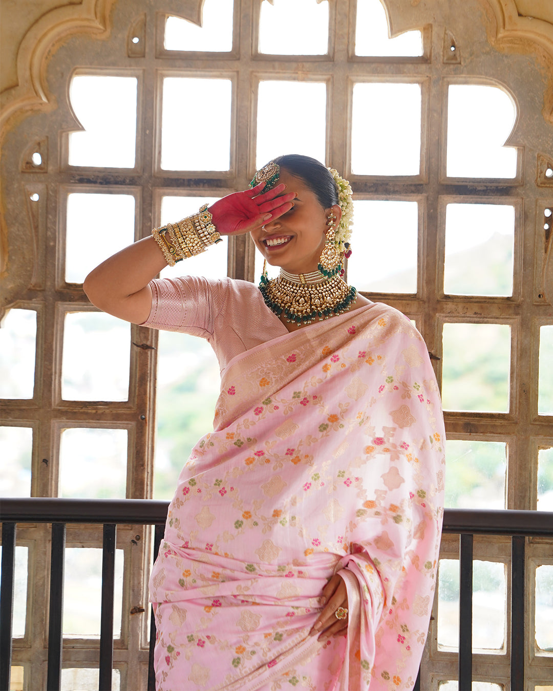Soft Pink Symphony Pure Banarasi Saree with Pastel Meenakari Detailing