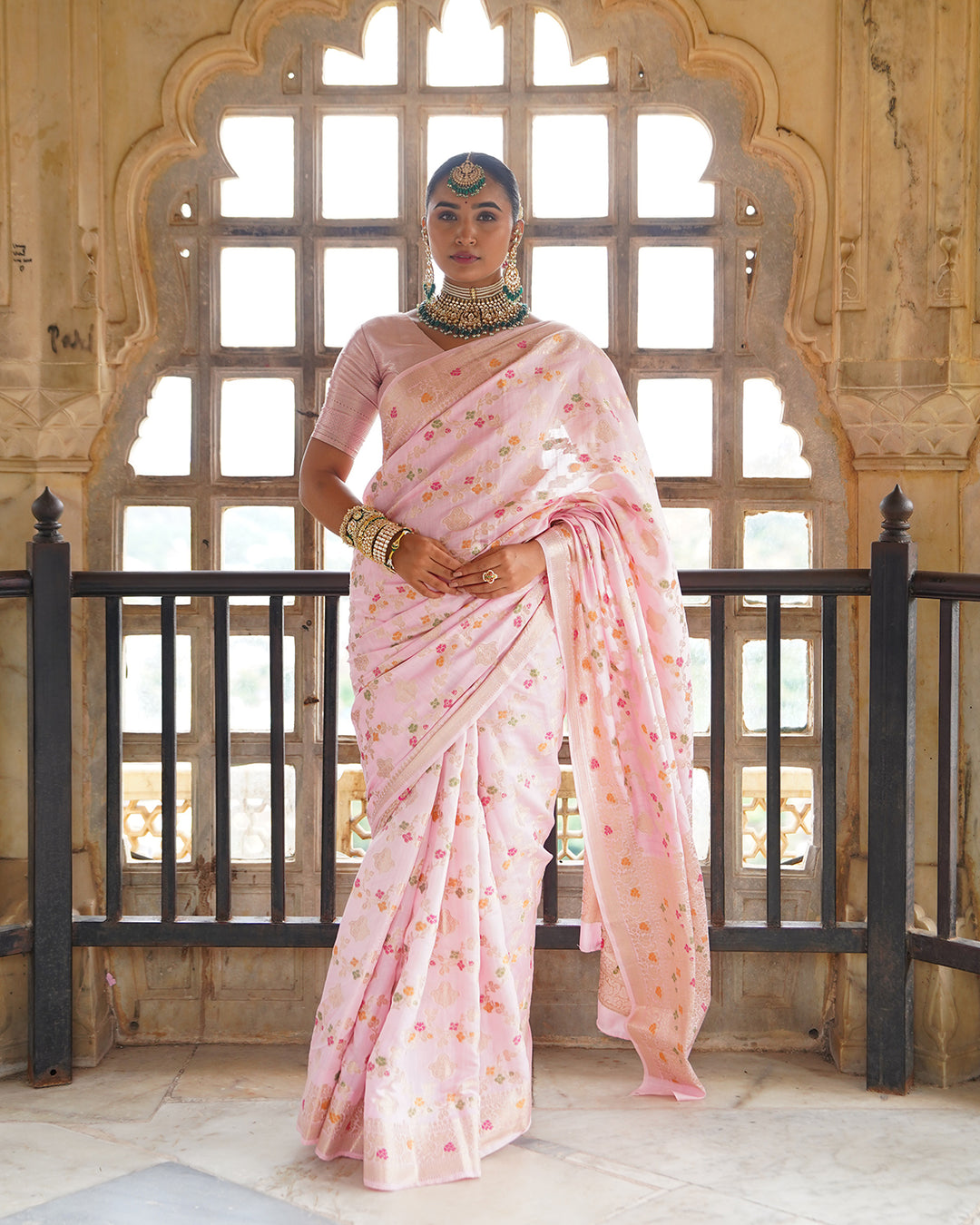 Soft Pink Symphony Pure Banarasi Saree with Pastel Meenakari Detailing