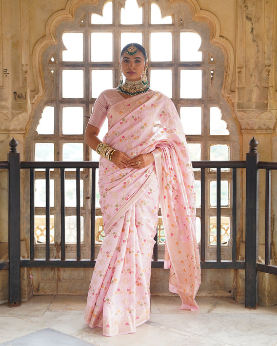Soft Pink Symphony Pure Banarasi Saree with Pastel Meenakari Detailing