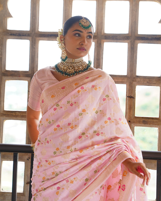 Soft Pink Symphony Pure Banarasi Saree with Pastel Meenakari Detailing