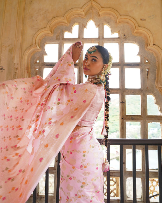 Soft Pink Symphony Pure Banarasi Saree with Pastel Meenakari Detailing