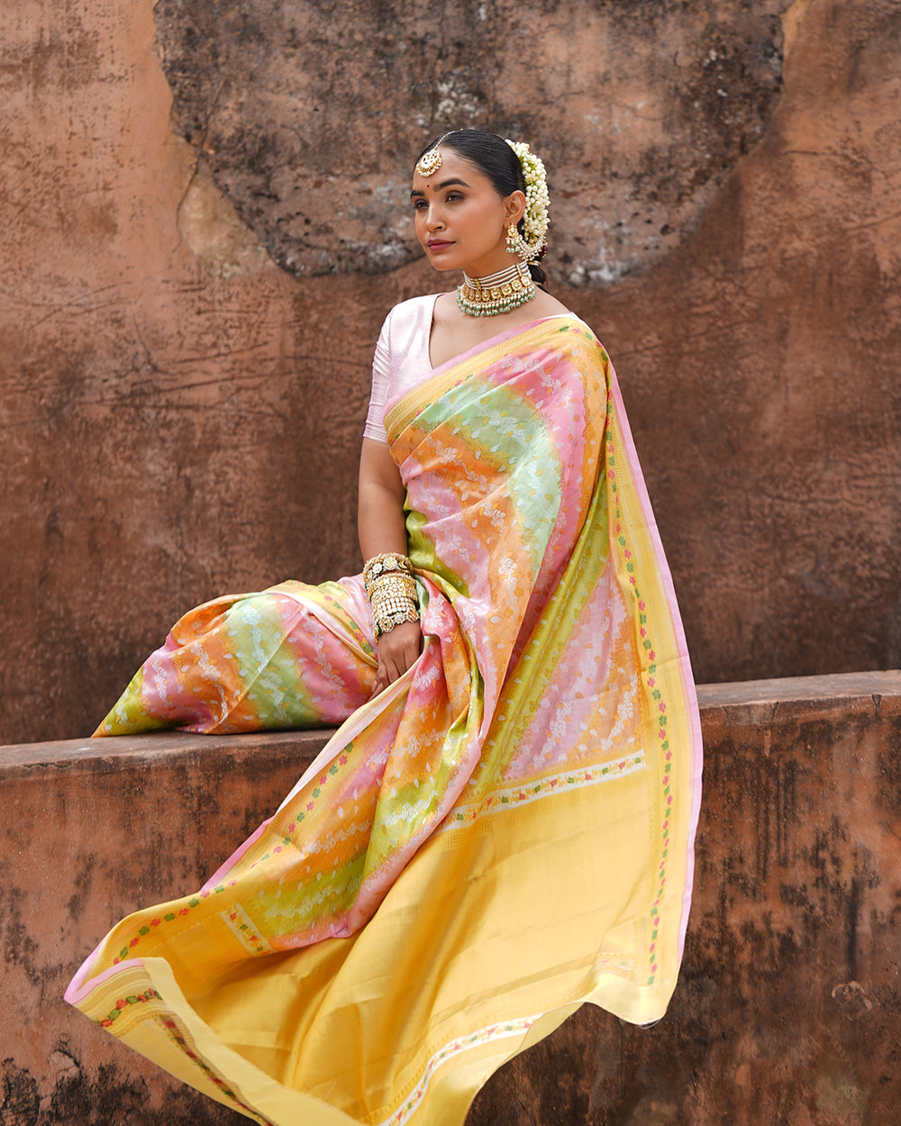 Pastel Harmony Pure Banarasi Rangkat Saree with Multihued Weaves