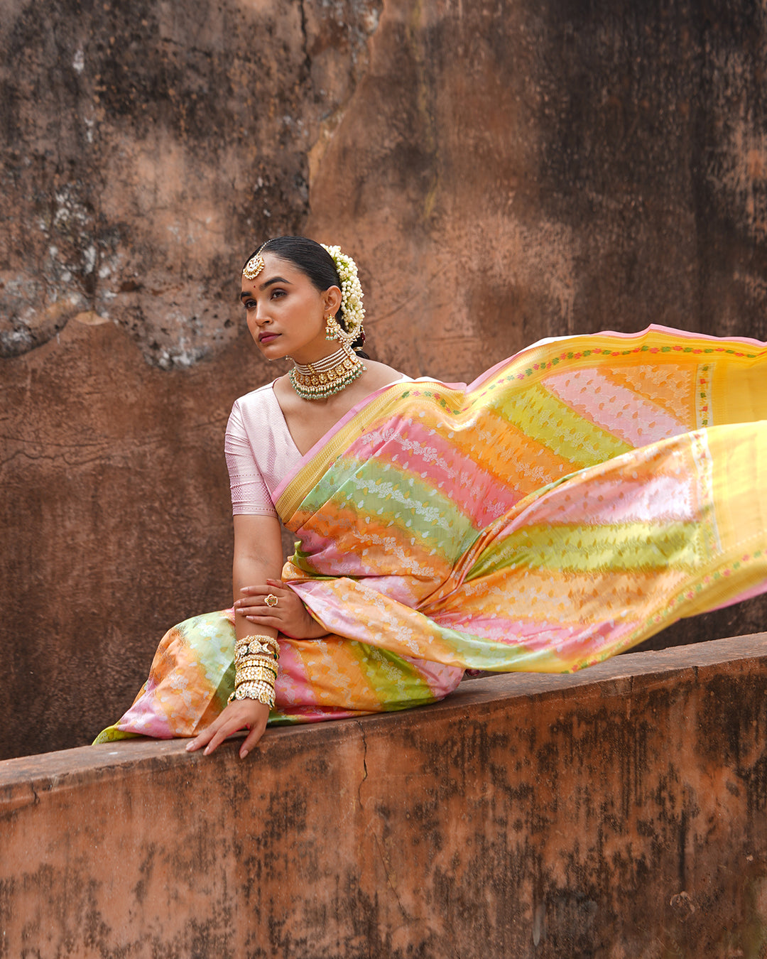 Pastel Harmony Pure Banarasi Rangkat Saree with Multihued Weaves