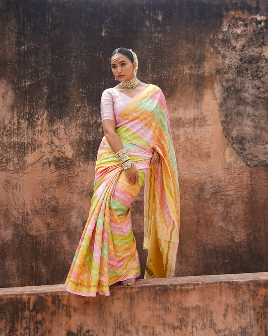 Pastel Harmony Pure Banarasi Rangkat Saree with Multihued Weaves