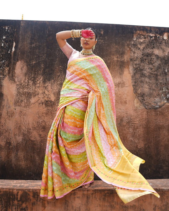 Pastel Harmony Pure Banarasi Rangkat Saree with Multihued Weaves
