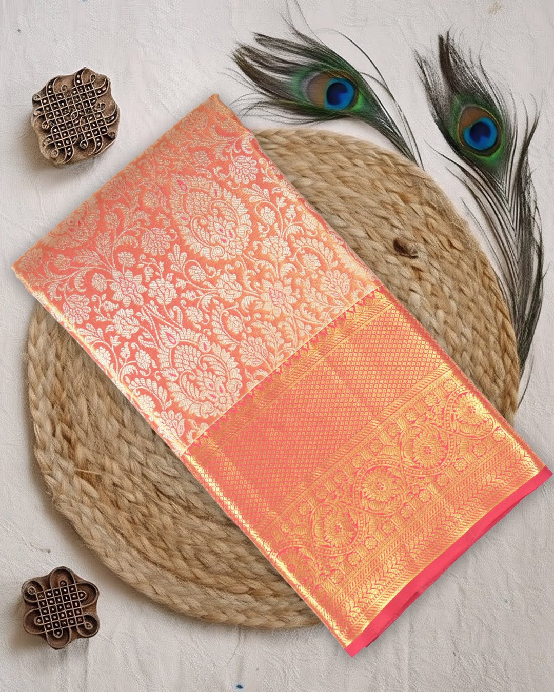Sunset Peach Pure Kanjivaram Saree with Layered Floral Weaves - katansi