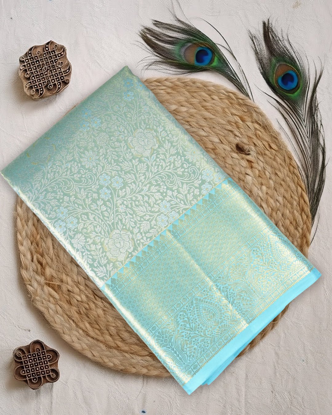 Aqua Blue Pure Kanjivaram Saree with Dimensional Bloom Jaal Weave - katansi