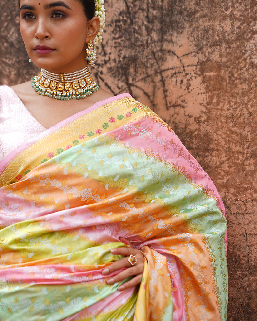 Pastel Harmony Pure Banarasi Rangkat Saree with Multihued Weaves