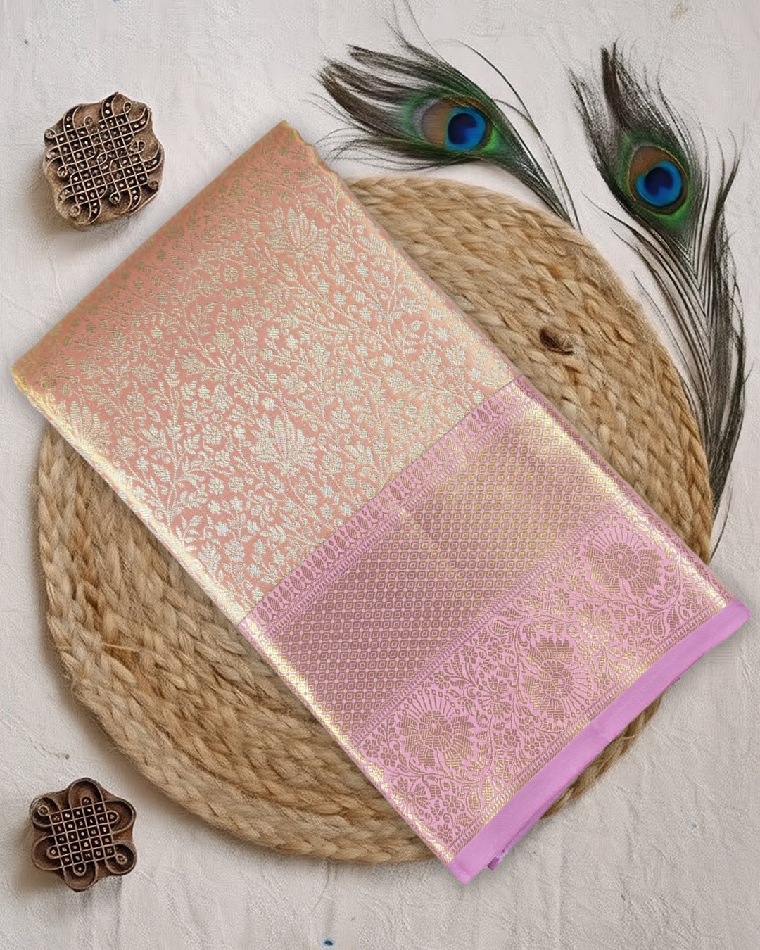 Pink Pure Kanjivaram Saree with Filigree Floral Jaal Weave - katansi