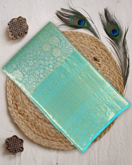 Mint Green Pure Kanjivaram Saree with Leafy Tapestry Weaves - katansi
