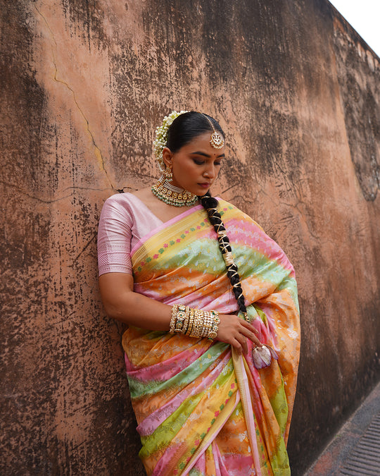Pastel Harmony Pure Banarasi Rangkat Saree with Multihued Weaves