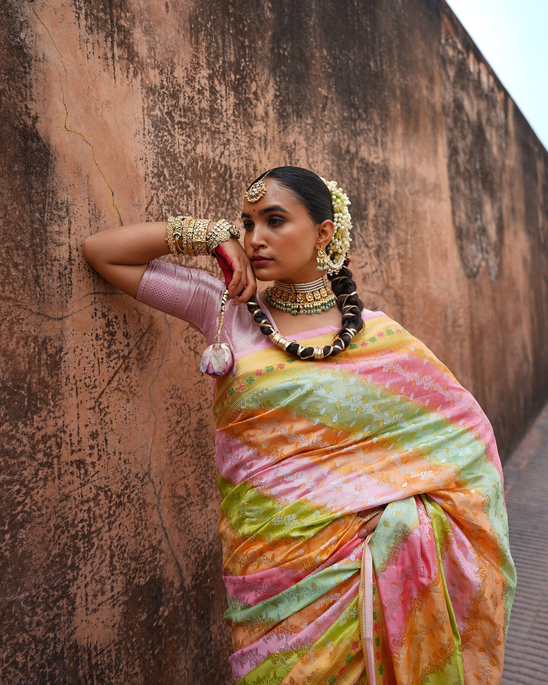 Pastel Harmony Pure Banarasi Rangkat Saree with Multihued Weaves