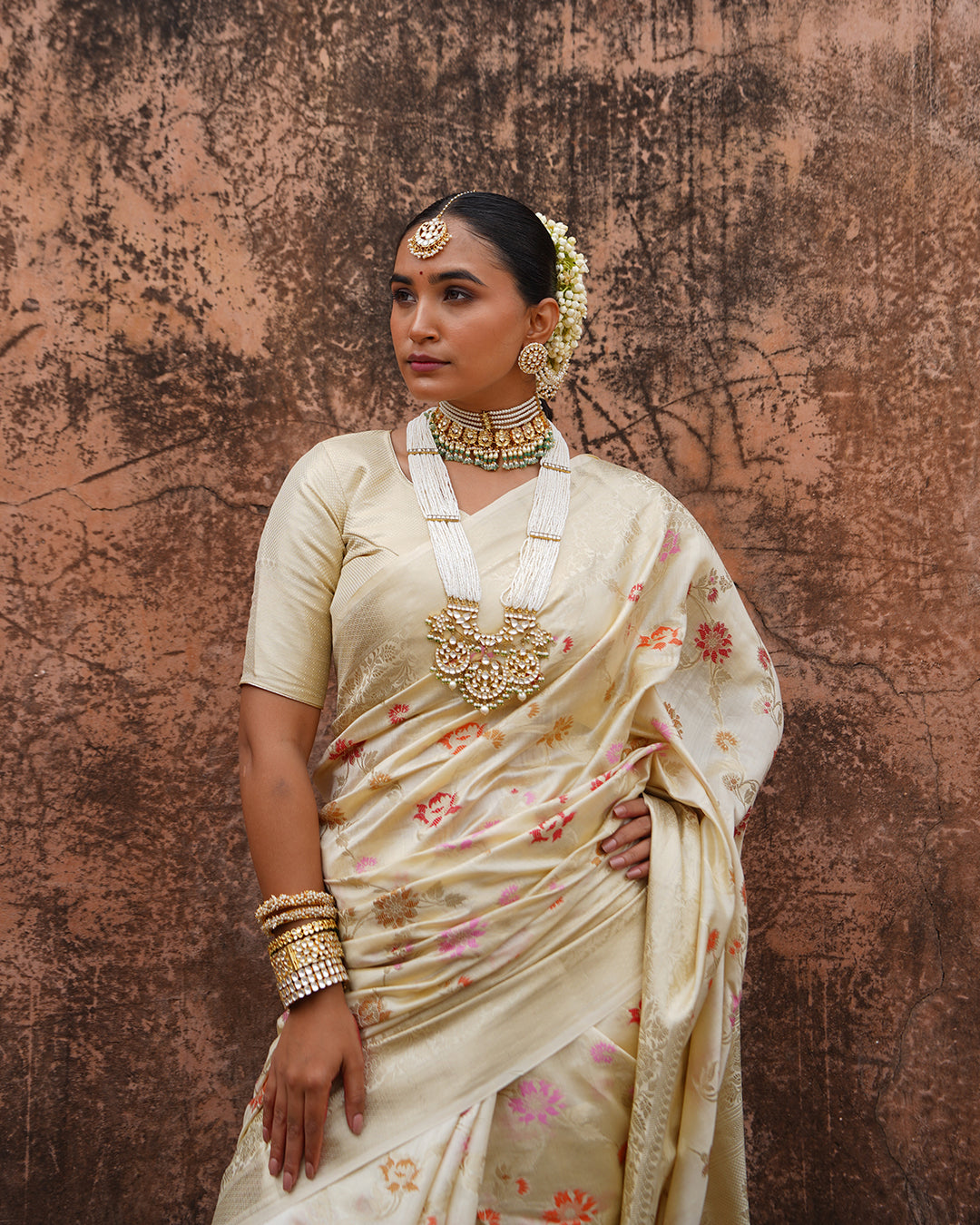 Champagne Blossom Pure Banarasi Saree with Delicate Floral Motifs Weaves