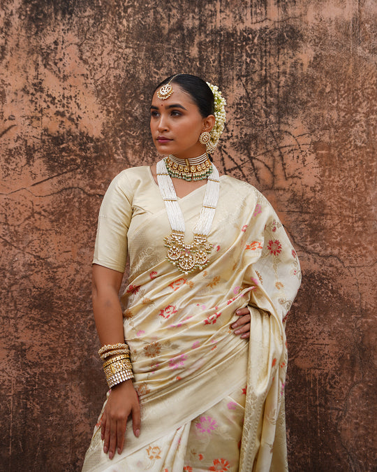 Champagne Blossom Pure Banarasi Saree with Delicate Floral Motifs Weaves