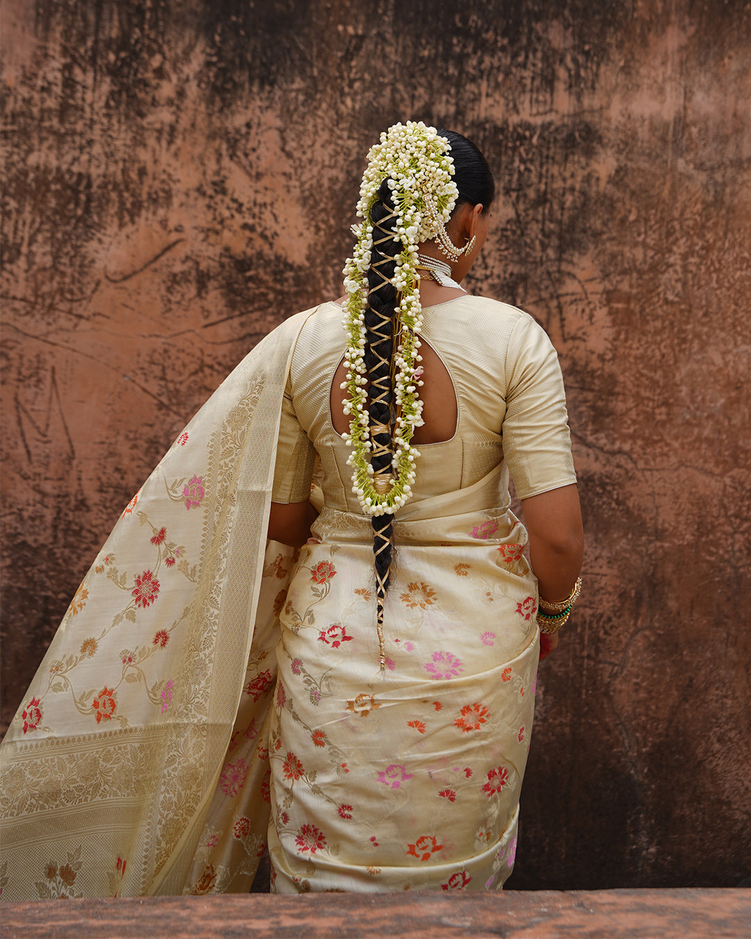 Champagne Blossom Pure Banarasi Saree with Delicate Floral Motifs Weaves