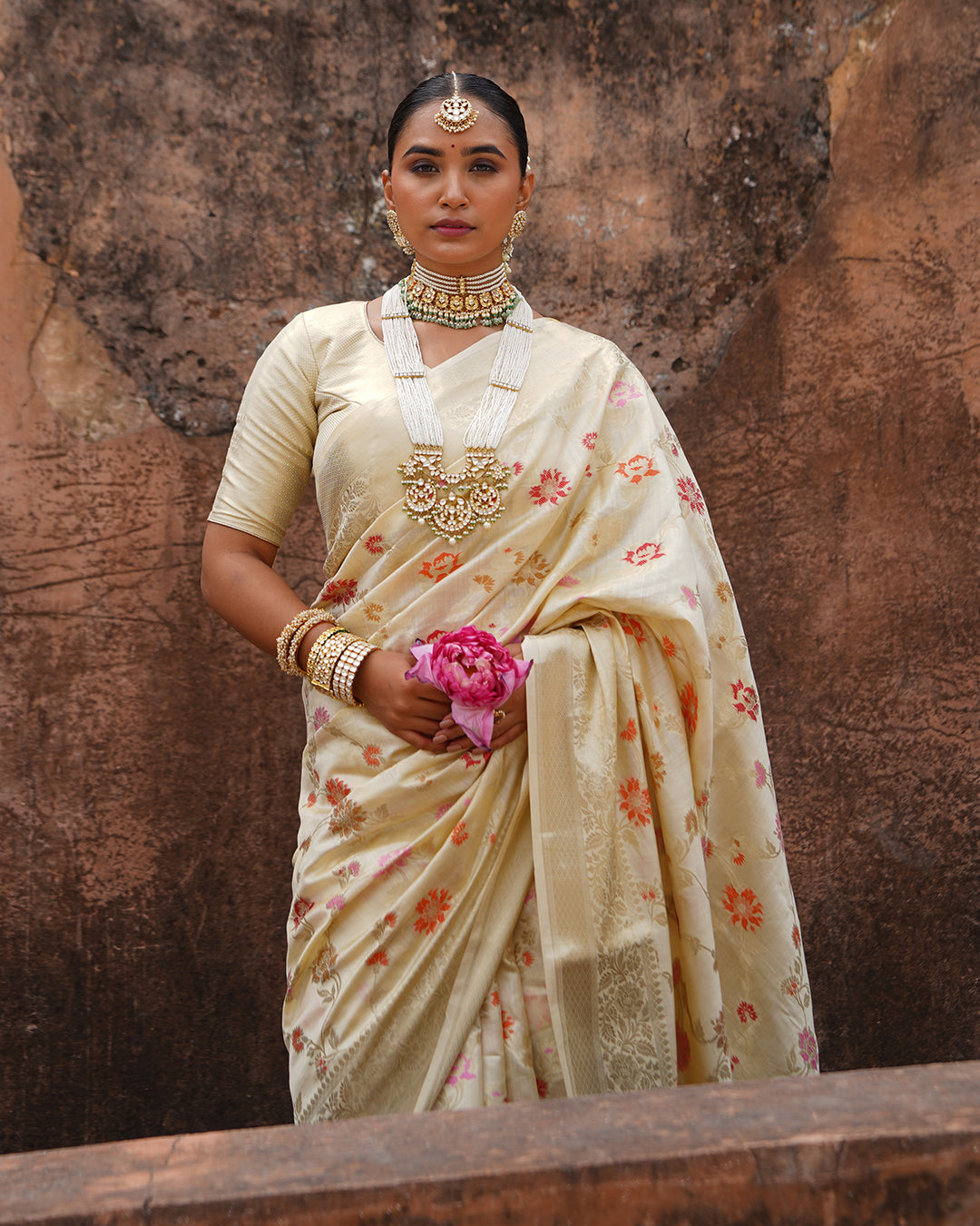 Champagne Blossom Pure Banarasi Saree with Delicate Floral Motifs Weaves