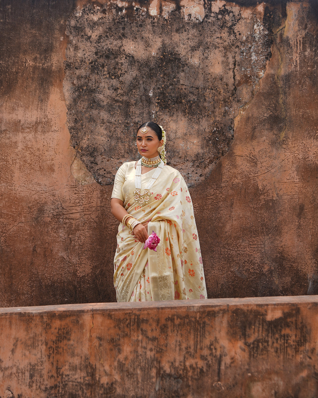 Champagne Blossom Pure Banarasi Saree with Delicate Floral Motifs Weaves