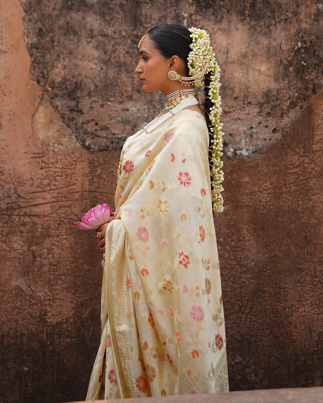 Champagne Blossom Pure Banarasi Saree with Delicate Floral Motifs Weaves