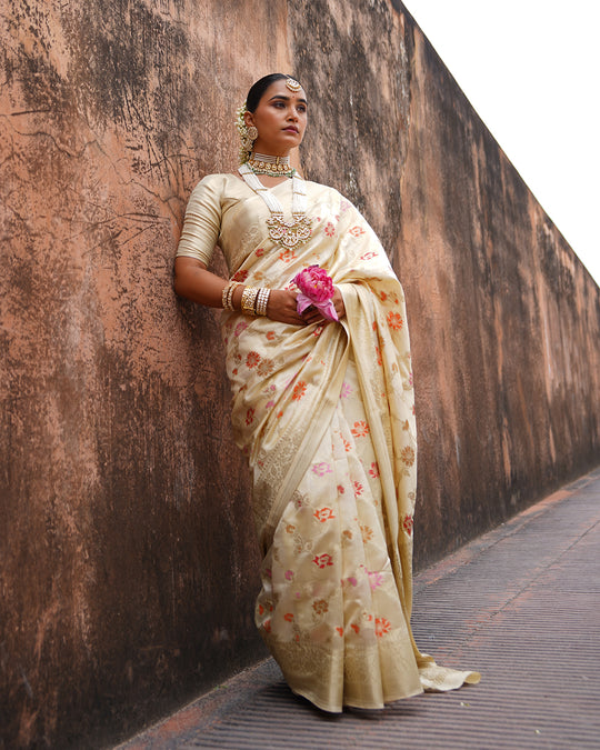 Champagne Blossom Pure Banarasi Saree with Delicate Floral Motifs Weaves