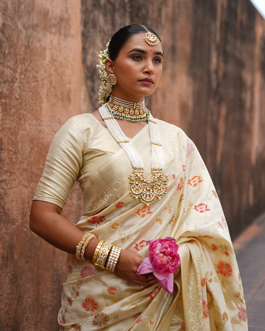 Champagne Blossom Pure Banarasi Saree with Delicate Floral Motifs Weaves