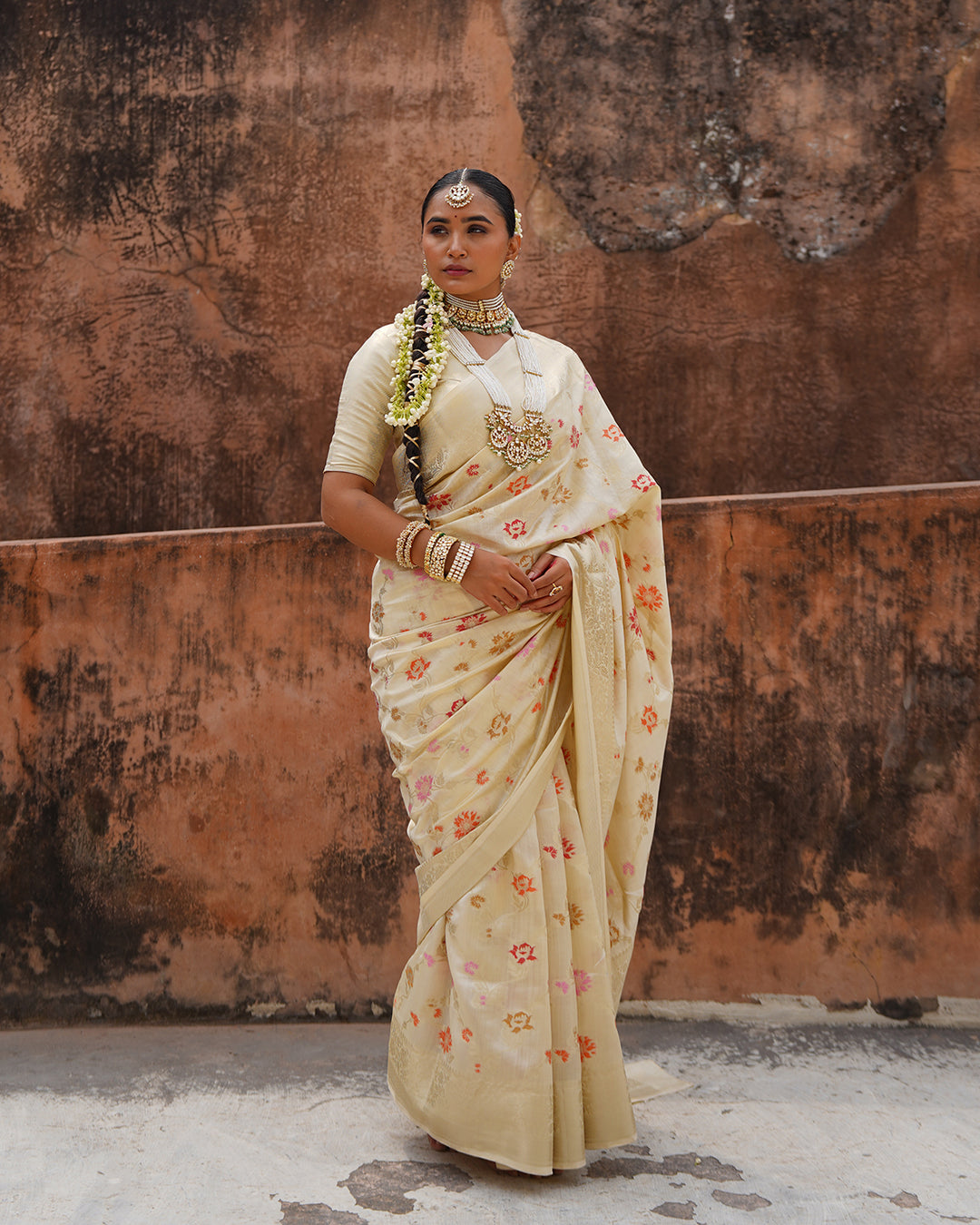 Champagne Blossom Pure Banarasi Saree with Delicate Floral Motifs Weaves