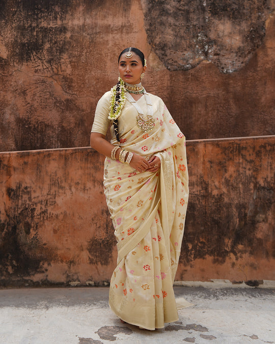 Champagne Blossom Pure Banarasi Saree with Delicate Floral Motifs Weaves