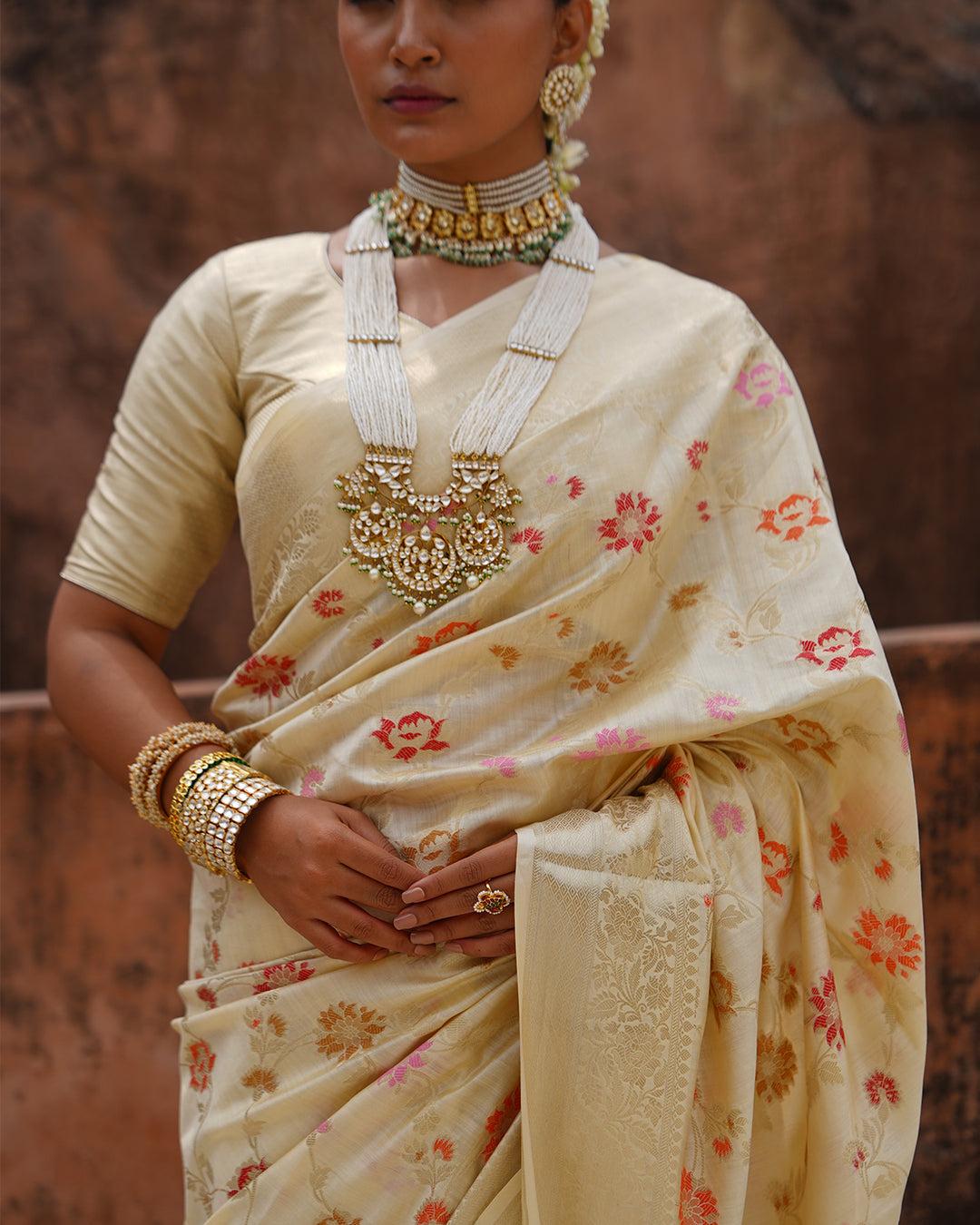 Champagne Blossom Pure Banarasi Saree with Delicate Floral Motifs Weaves