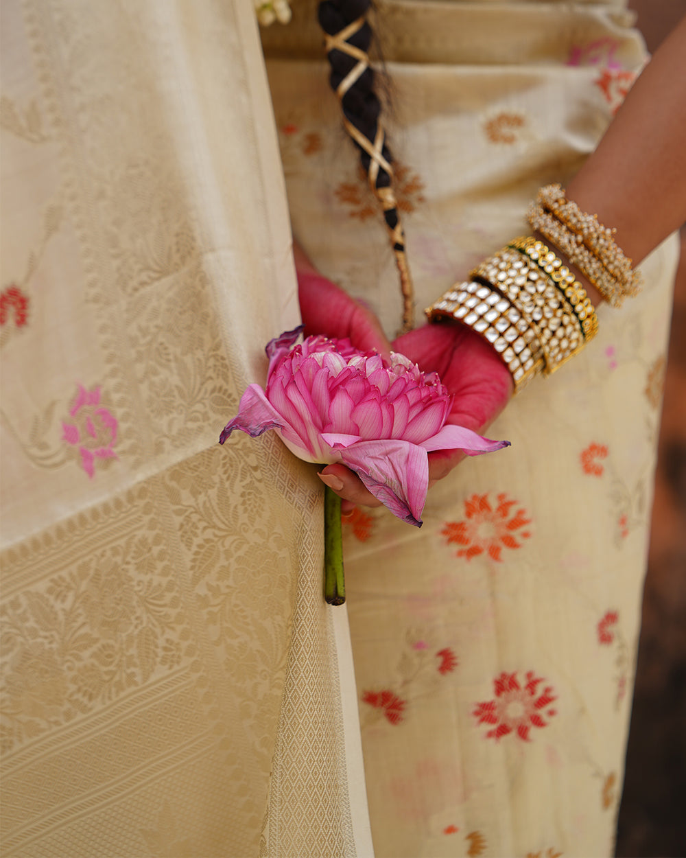 Champagne Blossom Pure Banarasi Saree with Delicate Floral Motifs Weaves
