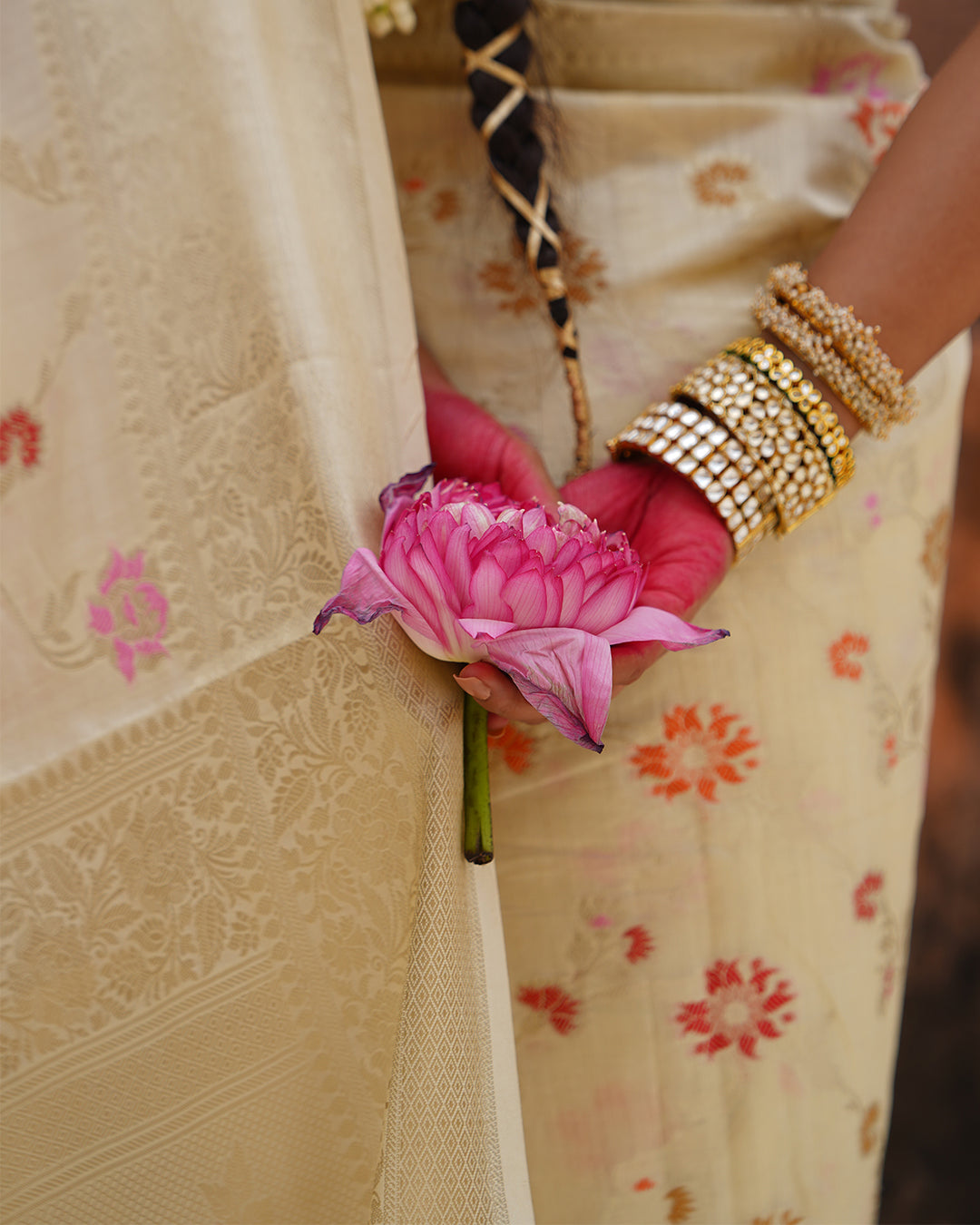 Champagne Blossom Pure Banarasi Saree with Delicate Floral Motifs Weaves