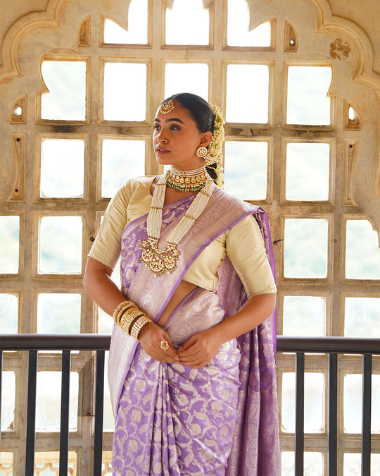 Royal Purple Pure Katan Saree with Heritage Floral Jaal Patterns