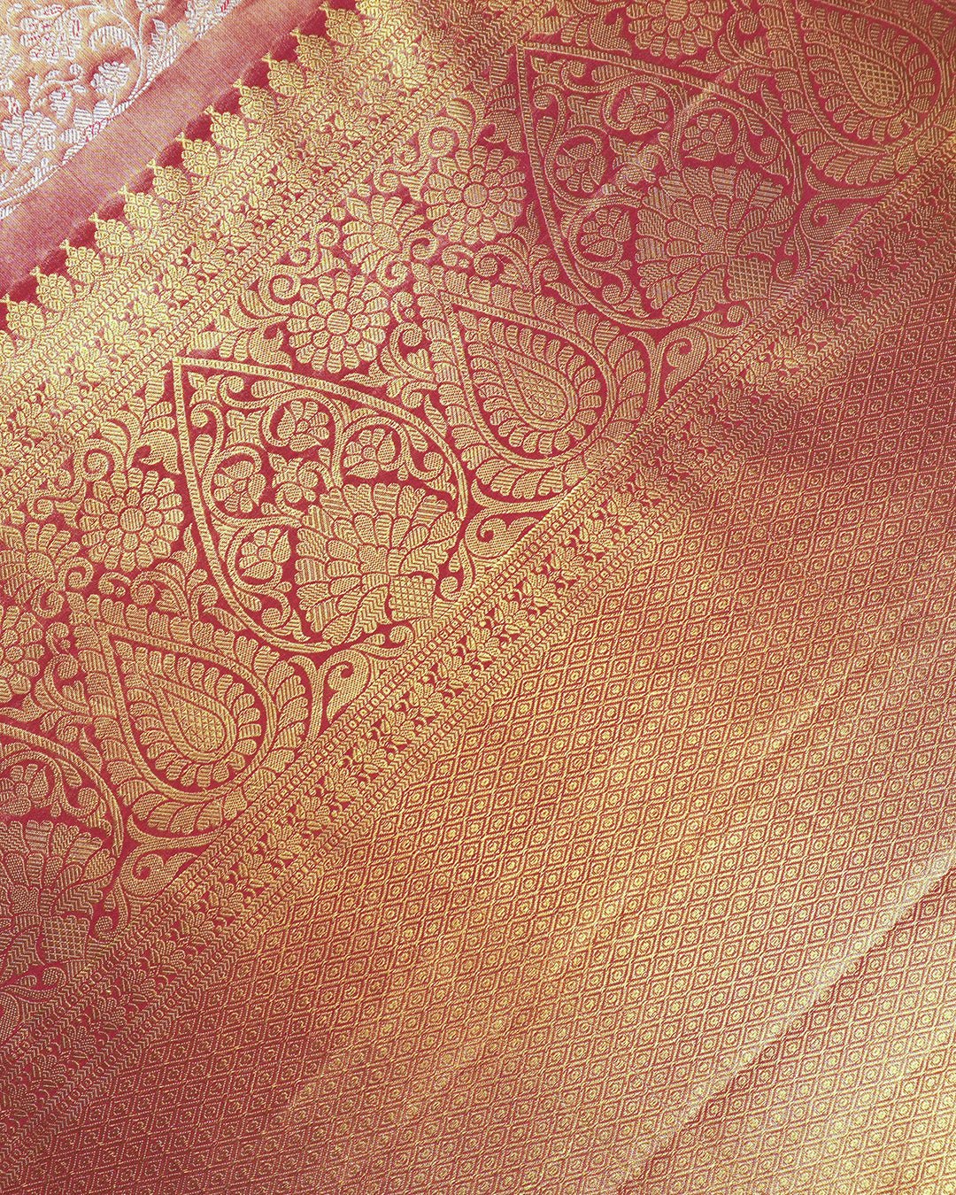 Sunset Peach Pure Kanjivaram Saree with Layered Floral Weaves - katansi