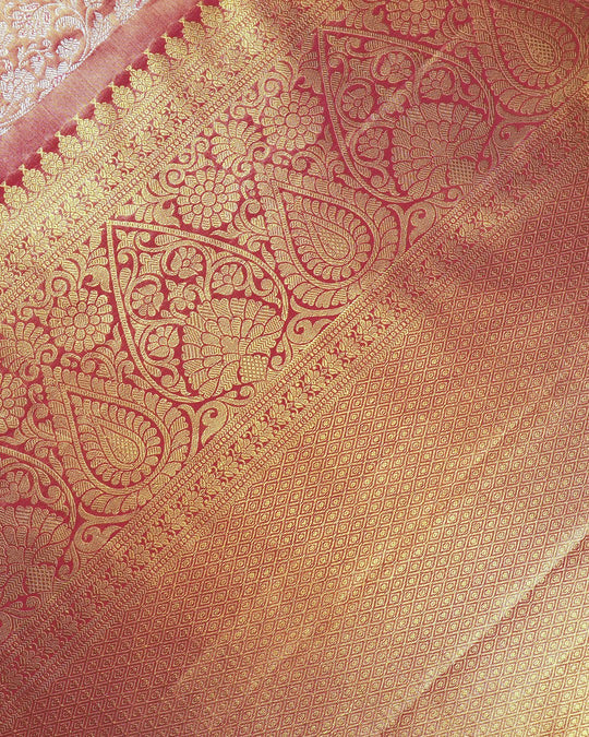 Sunset Peach Pure Kanjivaram Saree with Layered Floral Weaves - katansi