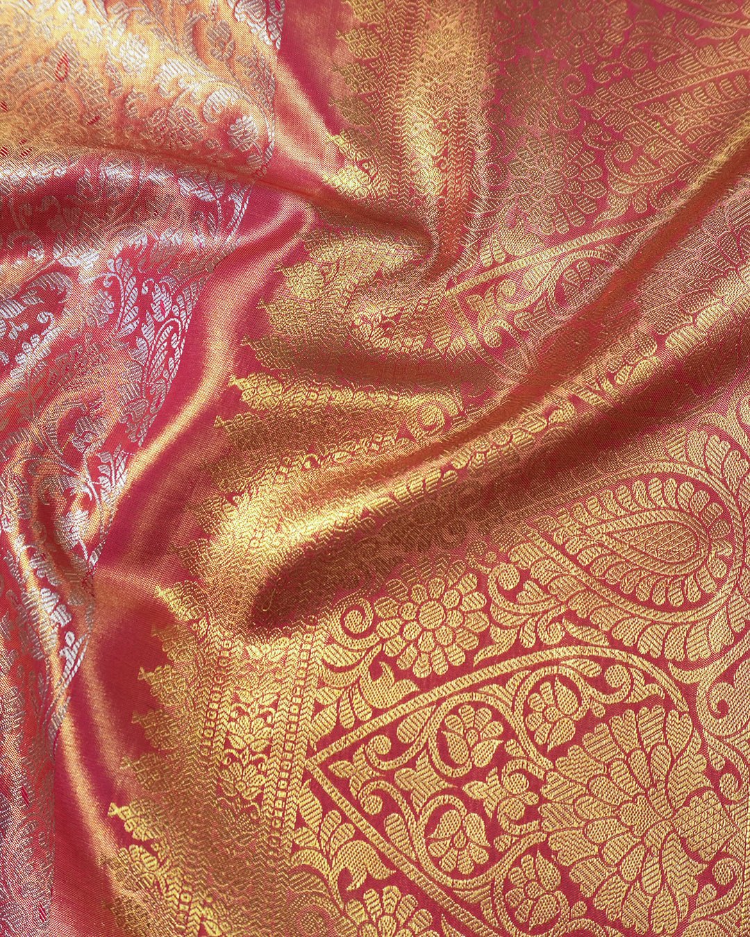Sunset Peach Pure Kanjivaram Saree with Layered Floral Weaves - katansi