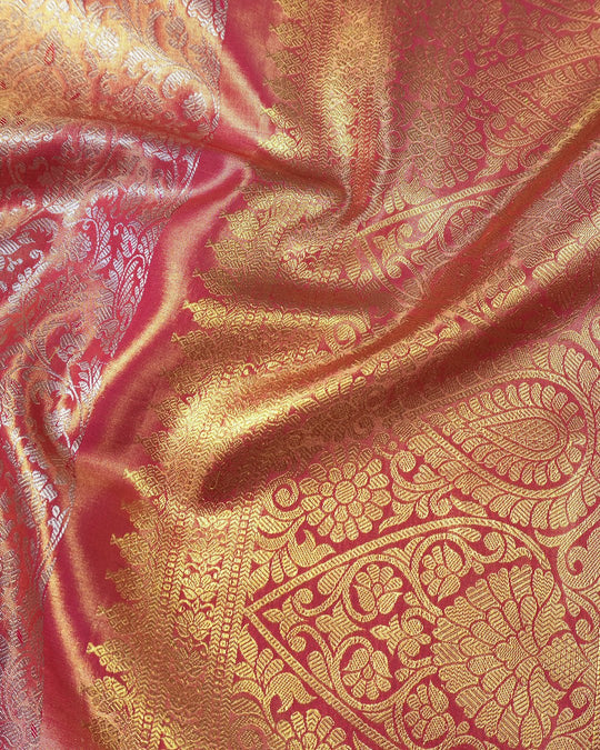 Sunset Peach Pure Kanjivaram Saree with Layered Floral Weaves - katansi